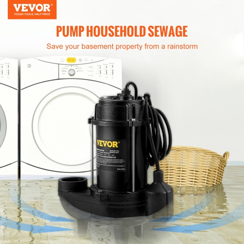 VEVOR 3/4 HP Submersible Sewage Pump, 5880 GPH, 1050W, Durable Cast Iron, Includes 2" Outlet and 10 ft Piggy-back Float Switch, Ideal for Septic