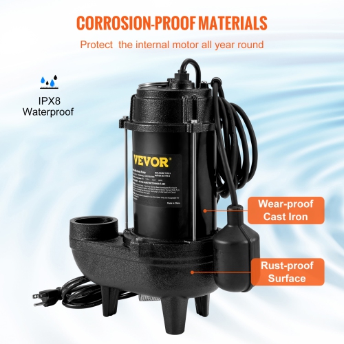 VEVOR 3/4 HP Submersible Sewage Pump, 5880 GPH, 1050W, Durable Cast Iron, Includes 2" Outlet and 10 ft Piggy-back Float Switch, Ideal for Septic