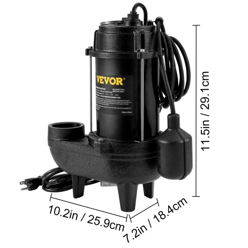 VEVOR 3/4 HP Submersible Sewage Pump, 5880 GPH, 1050W, Durable Cast Iron, Includes 2" Outlet and 10 ft Piggy-back Float Switch, Ideal for Septic