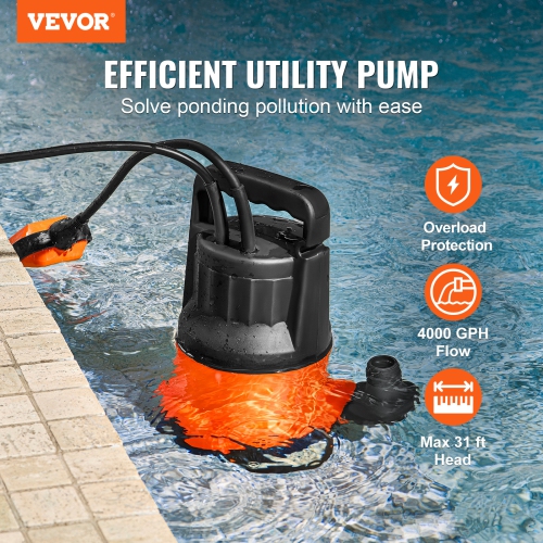 VEVOR 1 HP Utility Pump, 4000 GPH High Flow, 31 ft Head, Sump Pump Submersible Water Pump Portable Utility Pump with 10 ft Long Power Cord for