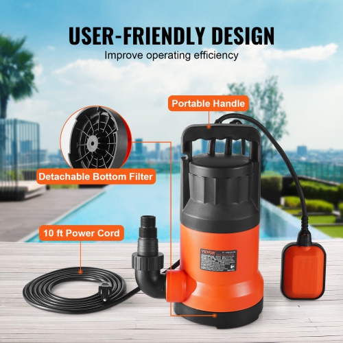 VEVOR 1 HP Utility Pump, 4000 GPH High Flow, 31 ft Head, Sump Pump Submersible Water Pump Portable Utility Pump with 10 ft Long Power Cord for
