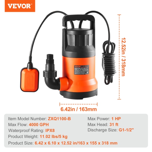 VEVOR 1 HP Utility Pump, 4000 GPH High Flow, 31 ft Head, Sump Pump Submersible Water Pump Portable Utility Pump with 10 ft Long Power Cord for
