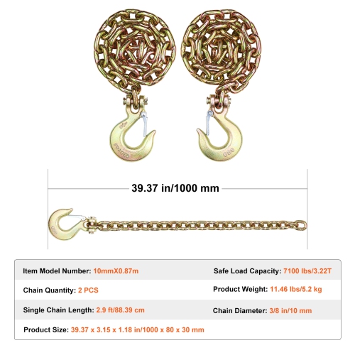 VEVOR 3/8" x 2.9' G80 Transport Binder Chain, 2-Pack Tow Chain with Clevis Snap Hook, 7100 lbs Safe Working Load, Heavy Duty Logging Chain for