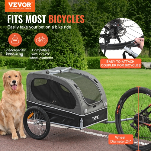 VEVOR Dog Bike Trailer, Supports up to 88 lbs, Pet Cart Bicycle Carrier, Easy Folding Frame with Quick Release Wheels, Universal Bicycle Coupler,