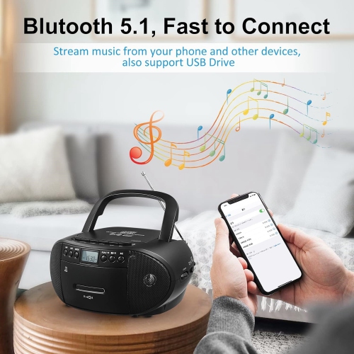 Portable CD & Cassette Player Boombox,Casette Tape Recorder with Remote,AM FM Radio,USB Playback with Earphone Jack,Bluetooth Speaker,CD Player for