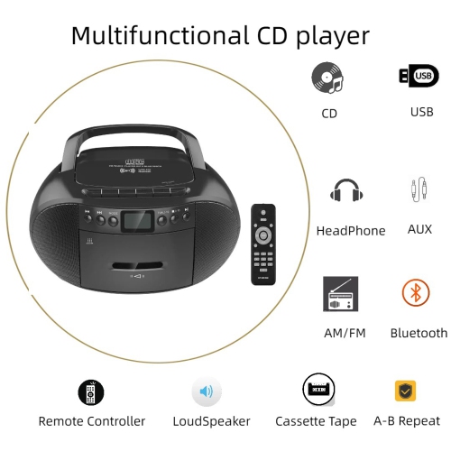 Portable CD & Cassette Player Boombox,Casette Tape Recorder with Remote,AM FM Radio,USB Playback with Earphone Jack,Bluetooth Speaker,CD Player for