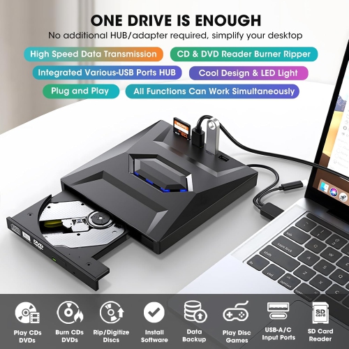 External CD DVD Drive USB 3.0 & USB-C CD ROM Burner DVD Player with USB Hub & SD Card Reader,Portable CD DVD Optical Disk Drive Writer for Laptop PC