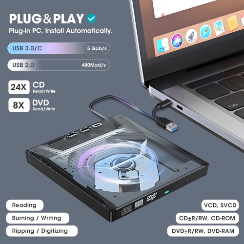 External CD DVD Drive USB 3.0 & USB-C CD ROM Burner DVD Player with USB Hub & SD Card Reader,Portable CD DVD Optical Disk Drive Writer for Laptop PC