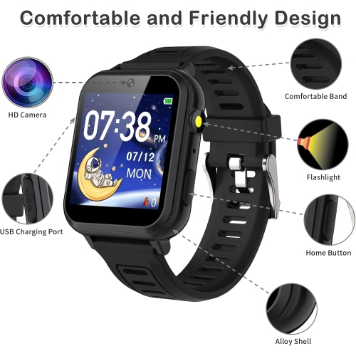 Montre intelligente pour petits garçons et filles, montres intelligentes Jouets avec 24 jeux Caméra Enregistreur vidéo Calendrier Alarme musique