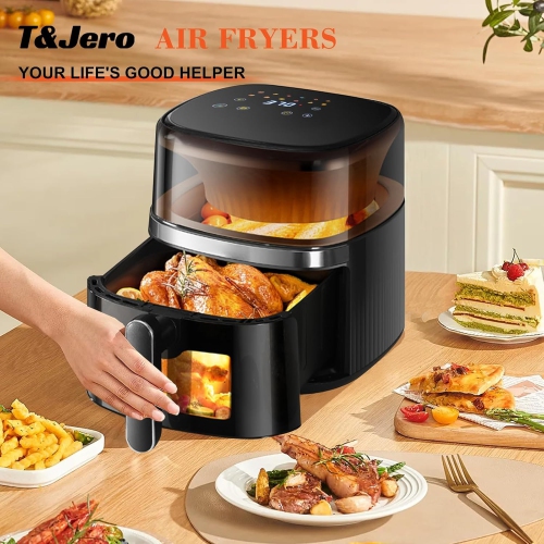 T&Jero 6QT Air Fryer Toaster Oven | 12-in-1 Digital Presets, XL Cooking Window, Nonstick Basket & Crisper Plate