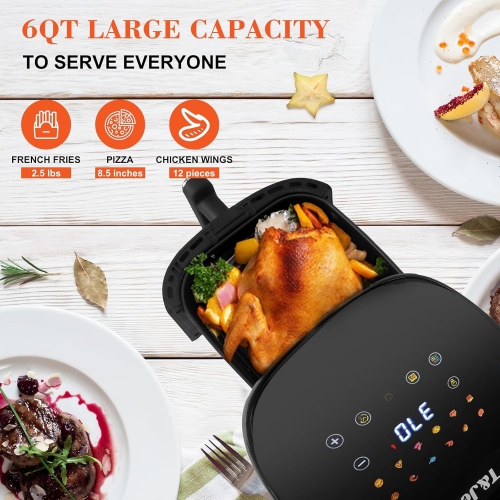 T&Jero 6QT Air Fryer Toaster Oven | 12-in-1 Digital Presets, XL Cooking Window, Nonstick Basket & Crisper Plate
