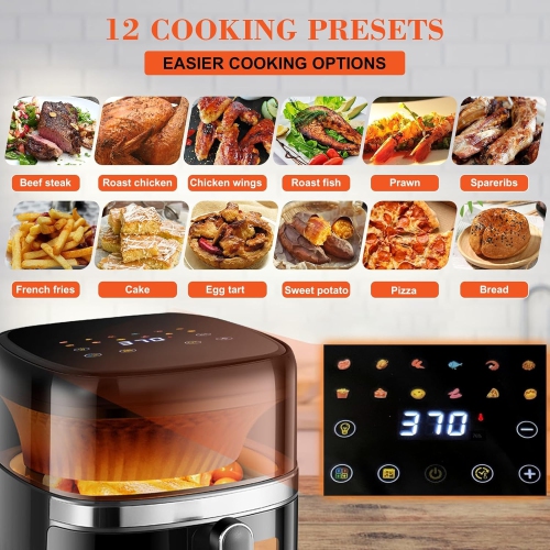 T&Jero 6QT Air Fryer Toaster Oven | 12-in-1 Digital Presets, XL Cooking Window, Nonstick Basket & Crisper Plate