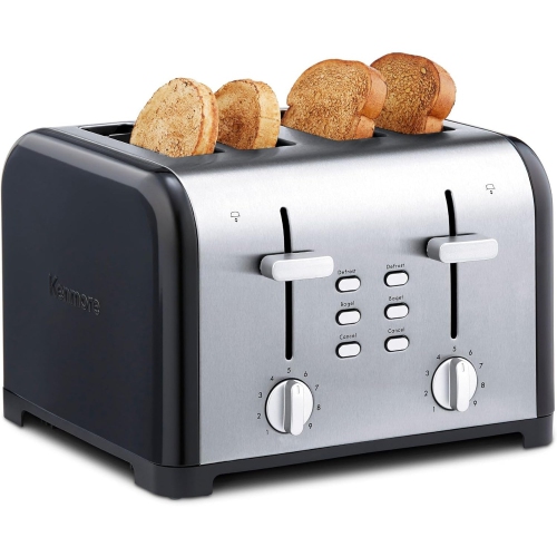 Kenmore 4-Slice Toaster with Extra Wide Slots, Defrost Function, 9 Shade Settings, Stainless Steel & Black