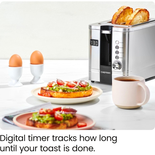 Chefman 2-Slice Digital Toaster, Extra-Wide Slots, Stainless Steel, Defrost, Reheat & Cancel Functions