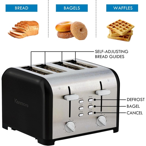 Kenmore 4-Slice Toaster, Extra Wide Slots, Bagel & Defrost Functions, 9 Browning Levels, Black Stainless Steel
