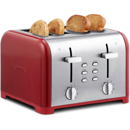 Kenmore 4-Slice Toaster, Extra Wide Slots, Adjustable Browning, Bagel & Defrost Settings, Red Stainless Steel