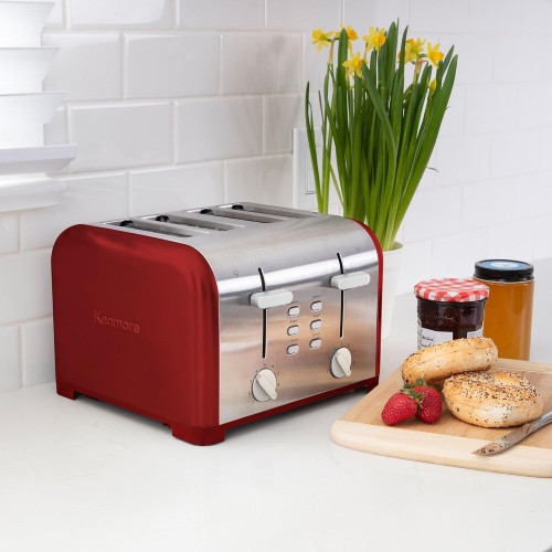 Kenmore 4-Slice Toaster, Extra Wide Slots, Adjustable Browning, Bagel & Defrost Settings, Red Stainless Steel