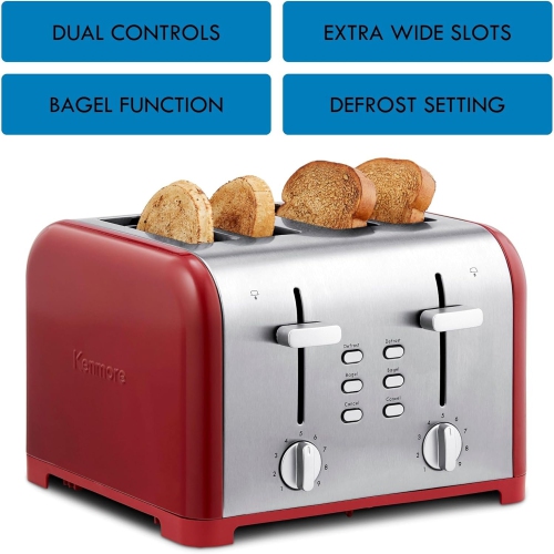 Kenmore 4-Slice Toaster, Extra Wide Slots, Adjustable Browning, Bagel & Defrost Settings, Red Stainless Steel