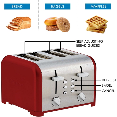 Kenmore 4-Slice Toaster, Extra Wide Slots, Adjustable Browning, Bagel & Defrost Settings, Red Stainless Steel