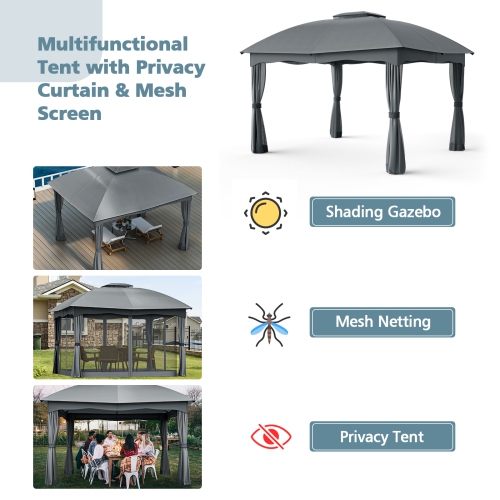Gymax 12' x 10' Patio Heavy Duty Steel Gazebo Canopy Double Vented Outdoor Gray