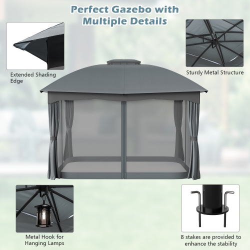 Gymax 12' x 10' Patio Heavy Duty Steel Gazebo Canopy Double Vented Outdoor Gray
