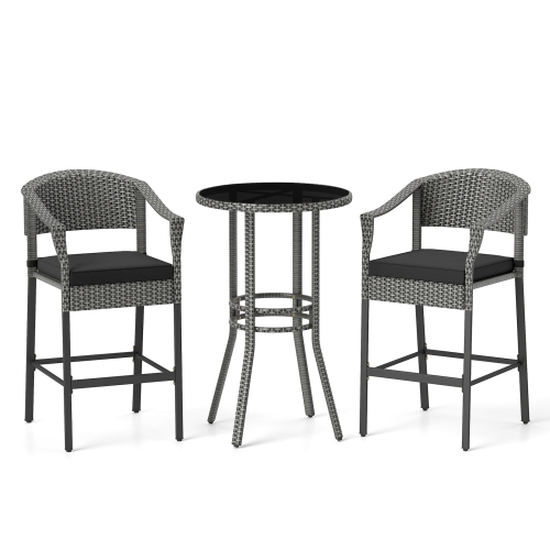 GYMAX  3-Piece Patio Bar Set Outdoor Wicker Bar Height Round Table & Armchairs Set