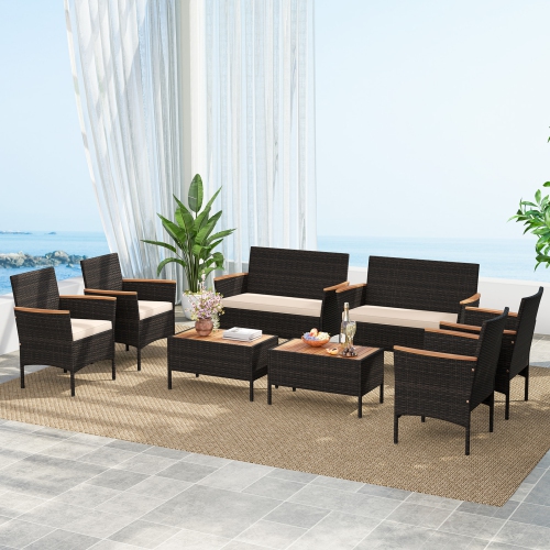 GYMAX  8 Piece Outdoor Patio Rattan Furniture Set Rattan Conversation Set W/ Chairs & Loveseat