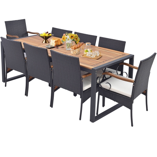 GYMAX  9 PCs Outdoor Metal Dining Table & Rattan Chairs W/ Acacia Wood Table