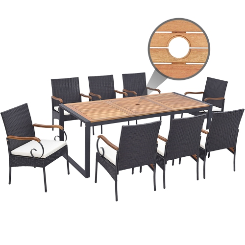 Gymax 9 PCS Outdoor Metal Dining Table & Rattan Chairs w/ Acacia Wood Table