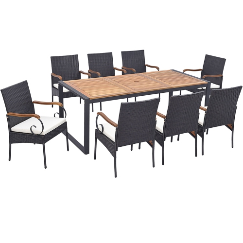 Gymax 9 PCS Outdoor Metal Dining Table & Rattan Chairs w/ Acacia Wood Table