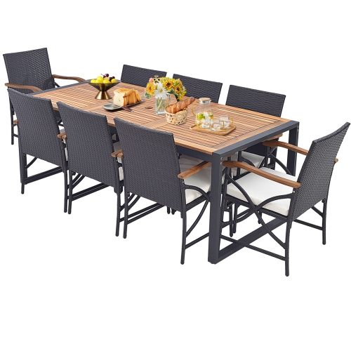 GYMAX  9 PCs Patio Rattan Dining Set W/ Acacia Wood Table 1.9" Umbrella Hole
