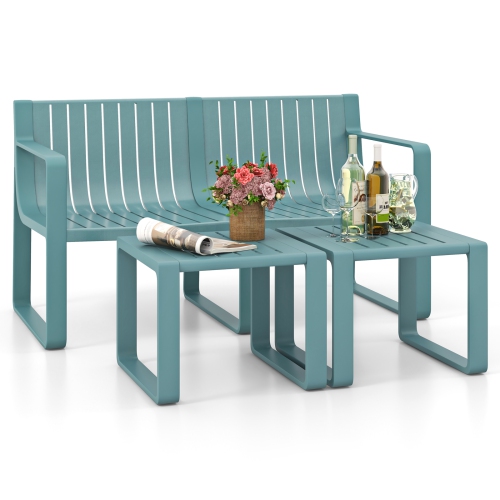 GYMAX  3 PCs Patio Furniture Set W/1 Loveseat & 2 Side Tables All-Weather Bistro Set In Blue