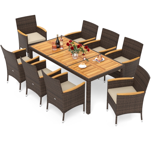 Gymax 9 Pieces Patio PE Wicker Dining Set Outdoor Acacia Wood Table & Chairs
