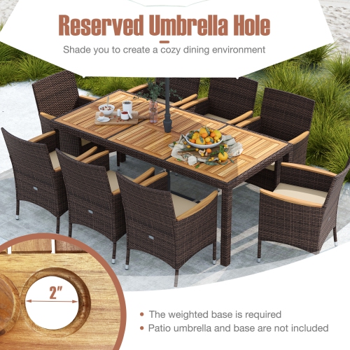 Gymax 9 Pieces Patio PE Wicker Dining Set Outdoor Acacia Wood Table & Chairs
