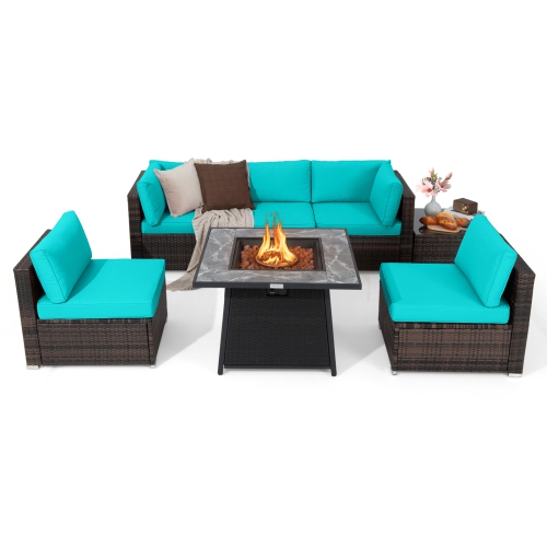 GYMAX  Set Of 7 Patio Furniture Set W/ 35" Propane Gas Fire Pit Table & Waterproof Cover