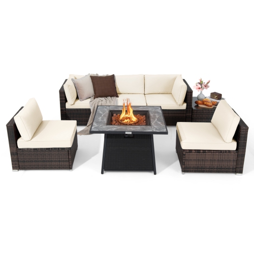 GYMAX  Set Of 7 Patio Furniture Set W/ 35" Propane Gas Fire Pit Table & Waterproof Cover