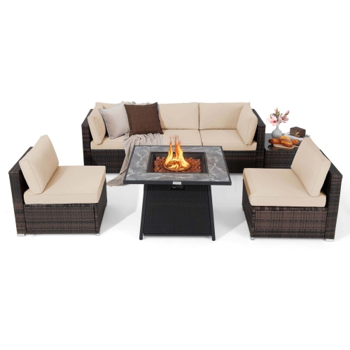 GYMAX  Set Of 7 Patio Furniture Set W/ 35" Propane Gas Fire Pit Table & Waterproof Cover