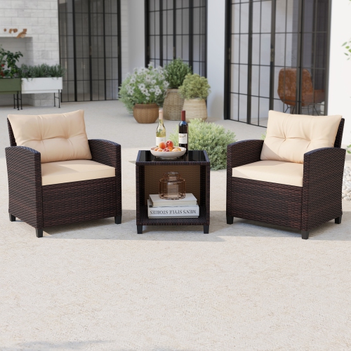 Gymax 3-Piece Patio Furniture Set PE Rattan Conversation Set w/ Glass Coffee Table Outdoor