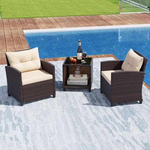 Gymax 3-Piece Patio Furniture Set PE Rattan Conversation Set w/ Glass Coffee Table Outdoor