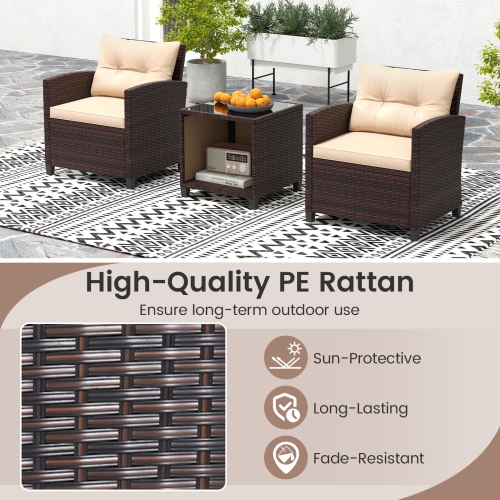 Gymax 3-Piece Patio Furniture Set PE Rattan Conversation Set w/ Glass Coffee Table Outdoor