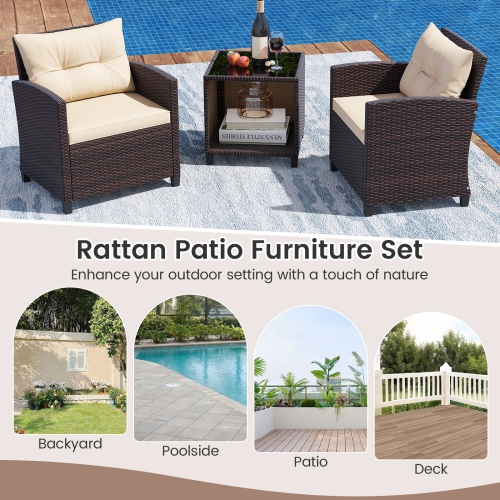 Gymax 3-Piece Patio Furniture Set PE Rattan Conversation Set w/ Glass Coffee Table Outdoor