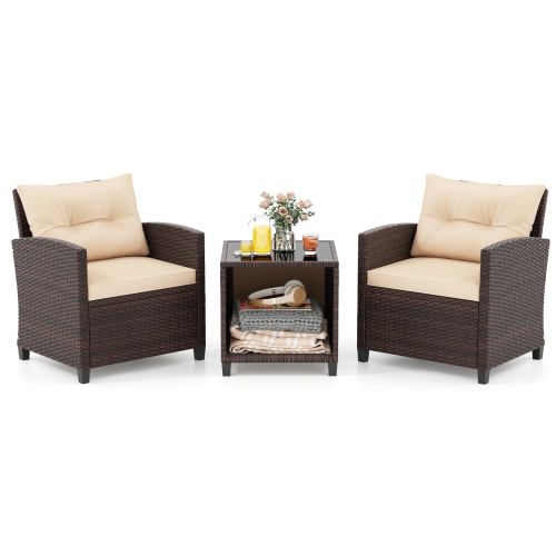 Gymax 3-Piece Patio Furniture Set PE Rattan Conversation Set w/ Glass Coffee Table Outdoor