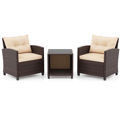 Gymax 3-Piece Patio Furniture Set PE Rattan Conversation Set w/ Glass Coffee Table Outdoor