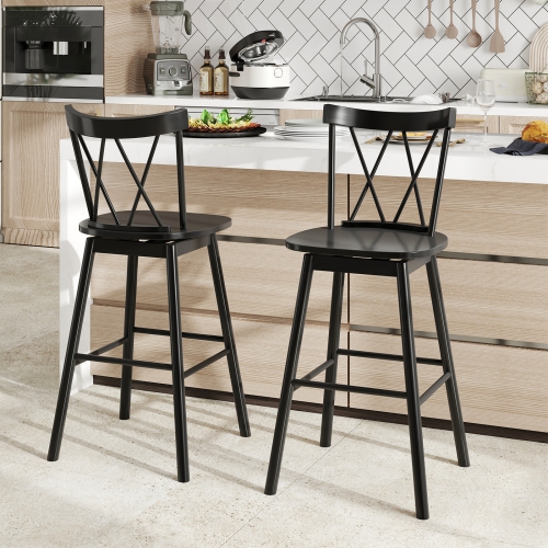 Gymax Windsor Bar Stool Set of 4 29'' Swivel Rubber Wood Dining Chairs Spacious Seat Black