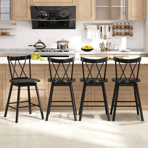 Gymax Windsor Bar Stool Set of 4 24'' Swivel Rubber Wood Dining Chairs Spacious Seat Black