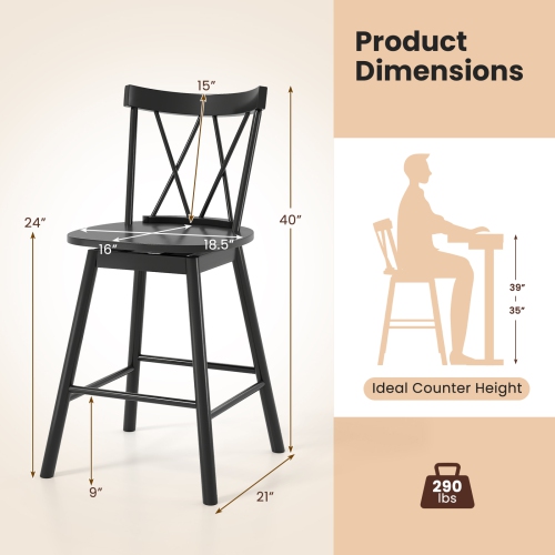 Gymax Windsor Bar Stool Set of 4 24'' Swivel Rubber Wood Dining Chairs Spacious Seat Black