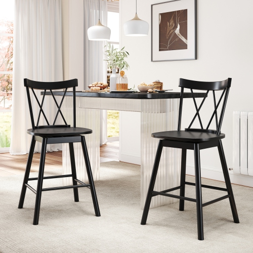 Gymax Windsor Bar Stool Set of 4 24'' Swivel Rubber Wood Dining Chairs Spacious Seat Black