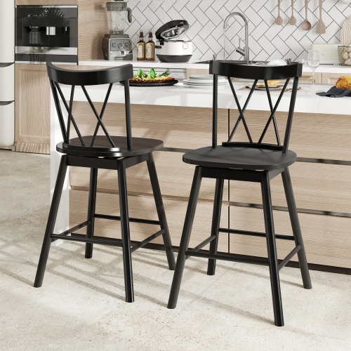 Gymax Windsor Bar Stool Set of 4 24'' Swivel Rubber Wood Dining Chairs Spacious Seat Black
