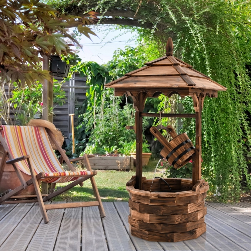 Gymax Rustic Wishing Well Fountain Outdoor Patio Wooden Water Fountain w/ Electric Pump