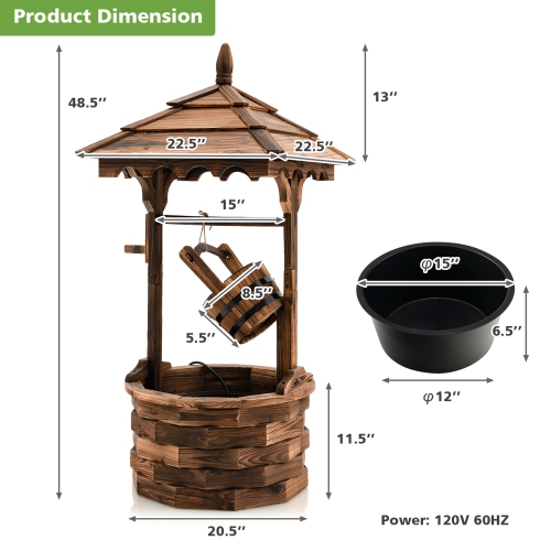 Gymax Rustic Wishing Well Fountain Outdoor Patio Wooden Water Fountain w/ Electric Pump